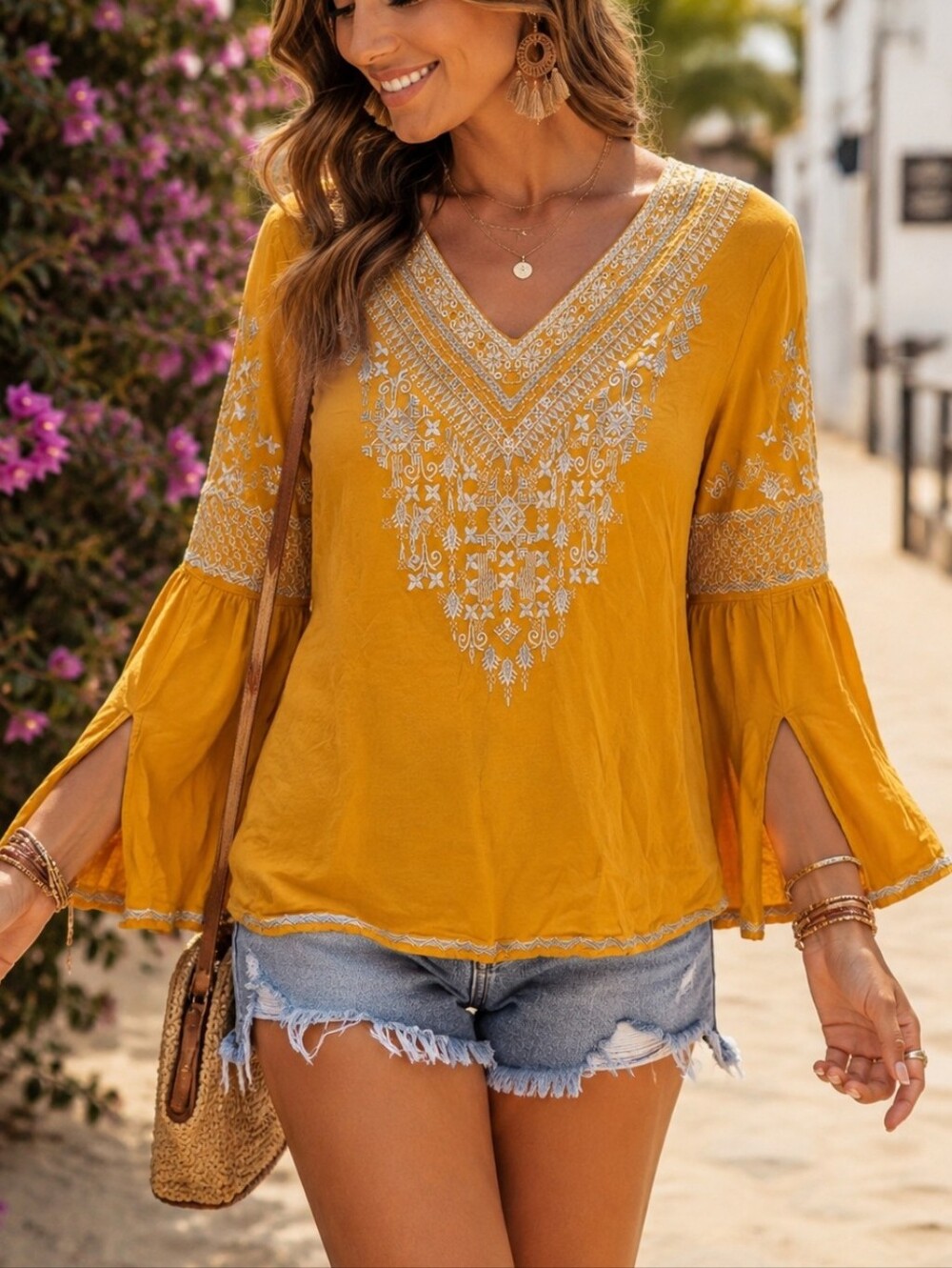 Chelsea & Theodore Mustard Yellow Embroidered Peasant Boho V-Neck Bell Sleeve